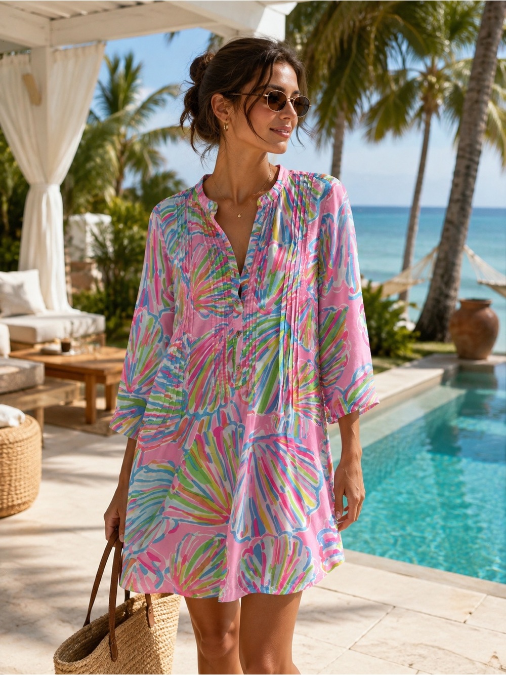 Lilly Pulitzer Pink Multicolor Shell-Print  Coverup Tunic Dress size M